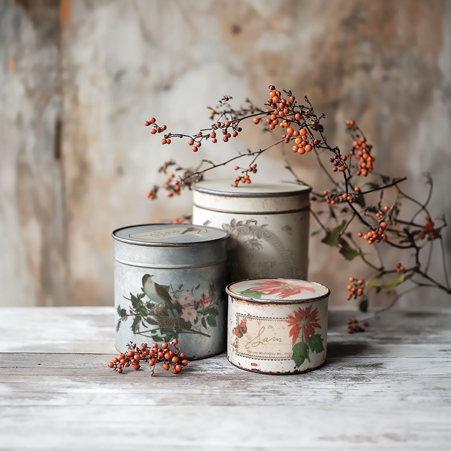 Three decorative tin cans, decorated with floral designs from the "Winter Botanist" transfer by IOD.