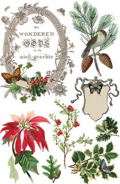 Decorative collage with floral elements, butterflies, and text from a transfer called "Winter Botanist" by IOD