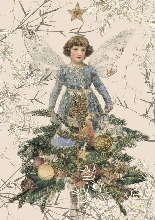 A decoupage paper with a Vintage-style illustration of a fairy on a decorated Christmas tree with decorative elements.
