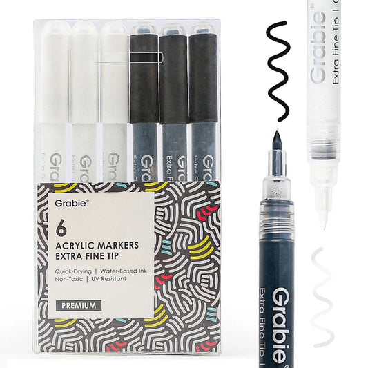 Black & White Extra Fine Tip Acrylic Marker Set of 6 by Grabie