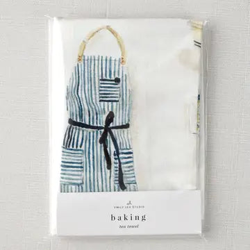 Packaged towel with a striped apron with black accents