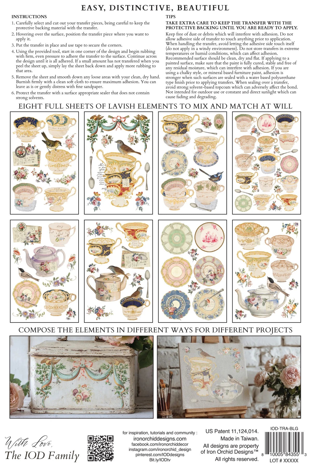 Back cover of Belgravia transfer pad with decorative elements with teapots, cakes, and other vintage-style illustrations on a white background