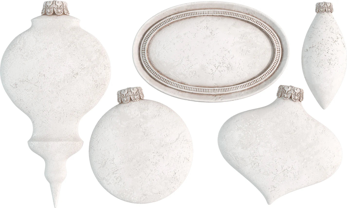 A set of white, ornament-shaped molds designed for crafting holiday decorations with a vintage aesthetic.
