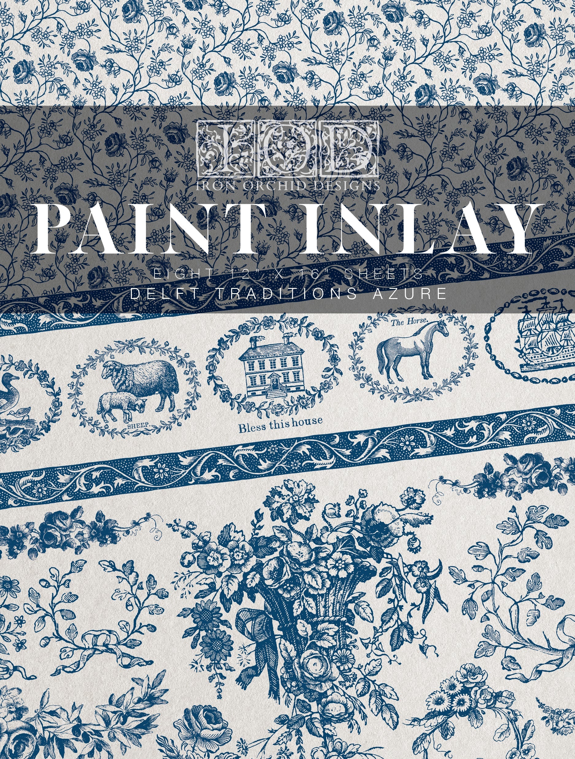 Front cover of "Delft Traditions Azure" by IOD, featuring floral and farmhouse designs from the Netherlands and delft culture.
