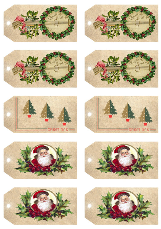 A collection of Christmas cardstock tags featuring designs with Santa Claus, Christmas trees, and festive wreaths.