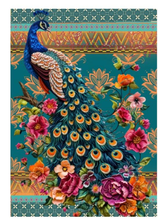 An A3 size decoupage paper of a colorful peacock illustration on a decorative background with flowers and patterns