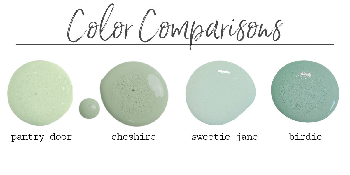 A color comparisons chart showing 4 different shades of green milk paints lined up next to one another.