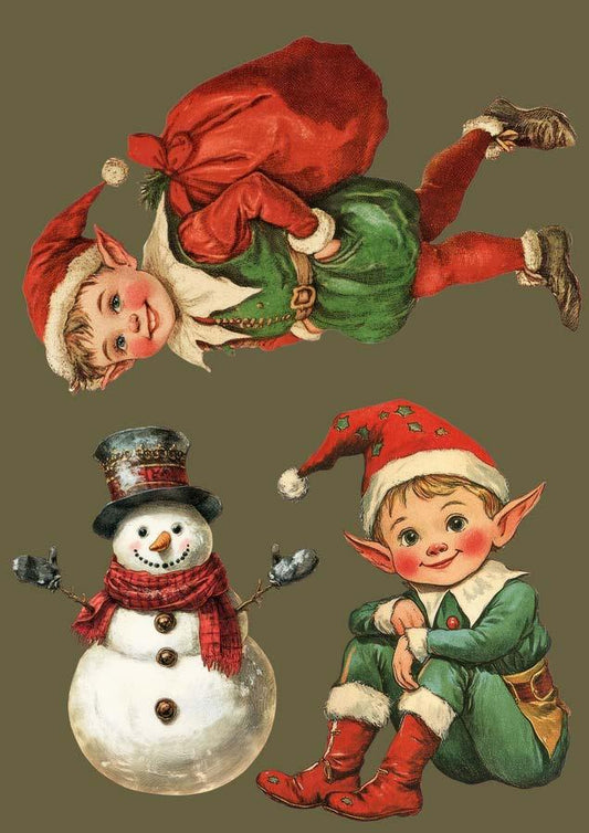 A sheet of Made by Marley decoupage paper with 3 vintage-style illustrations of elves and a snowman on a brown background.