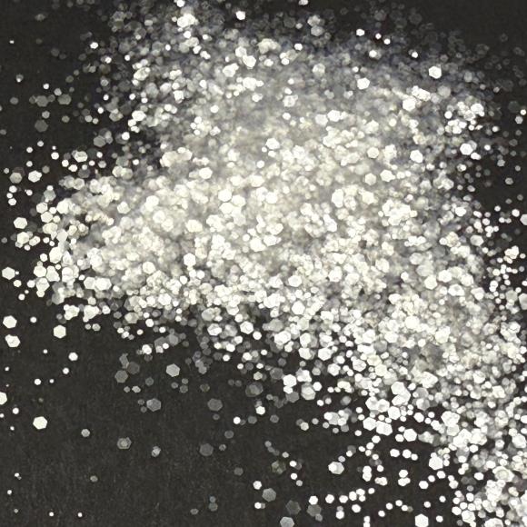 Close-up of silver glitter on a black background