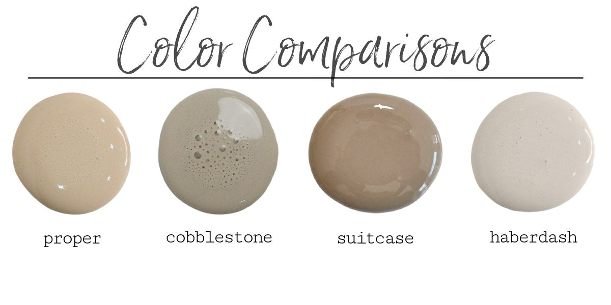 A sheet of color comparisons comparing 4 shades of neutral taupe milk paints.