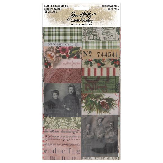 Packaged collage strips with Christmas-themed designs and text, featuring a brand logo.