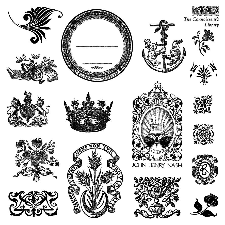 Collection of vintage-style decorative stamps including a mirror, anchor, and various floral and emblem designs.