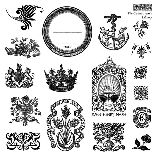 Collection of vintage-style decorative stamps including a mirror, anchor, and various floral and emblem designs.