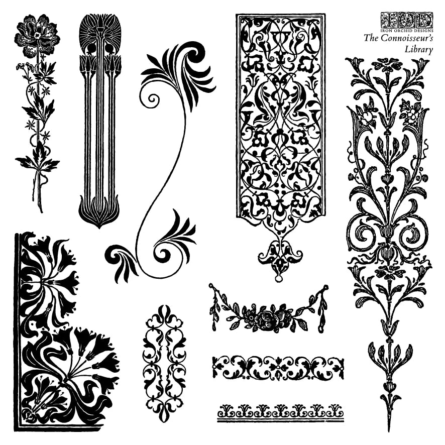 Collection of black decorative flourish stamps and ornament stamps a white background