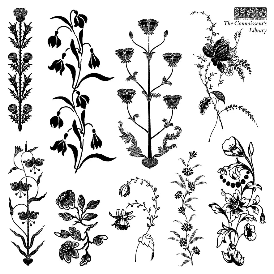 Collection of black floral stamps on a white background, with 'The Commissaire's Library' logo.