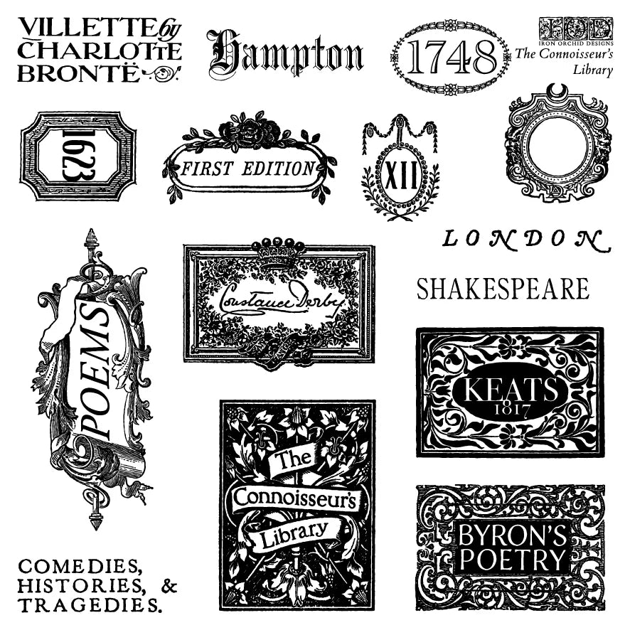 Collection of vintage-style text and design stamps on a white background