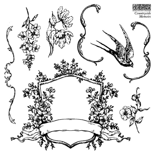 A sheet from a stamp set by IOD featuring wildflowers, decorative flourishes, and a shield surrounded my flowers.