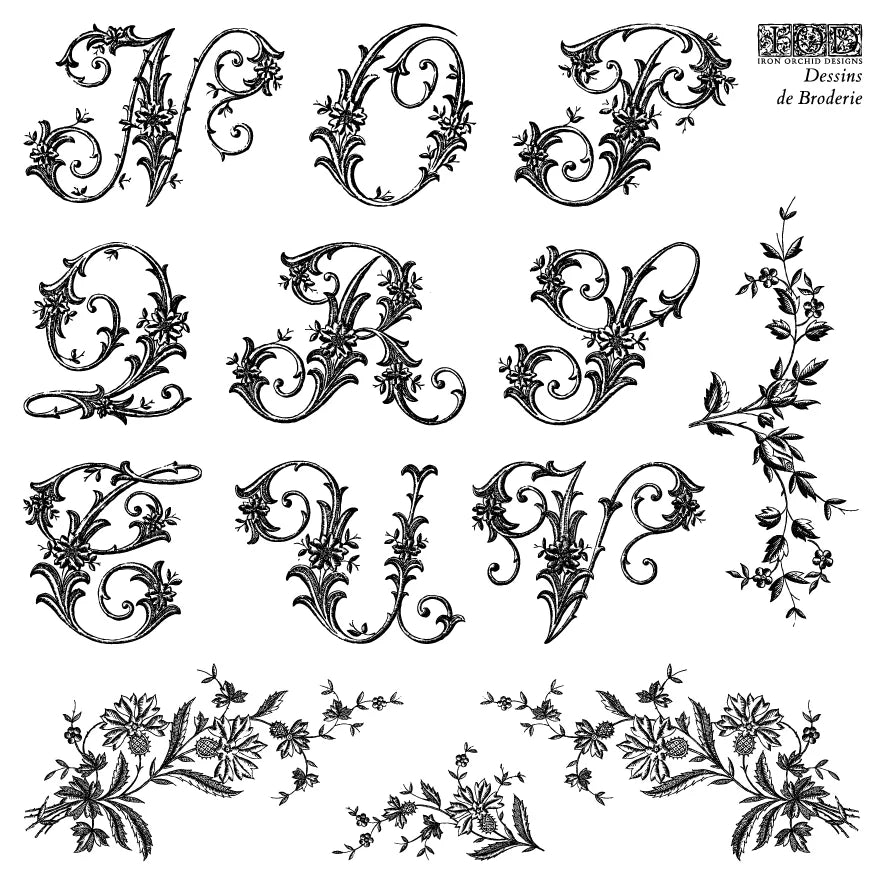 Stamp with decorative black letters and floral designs on a white background