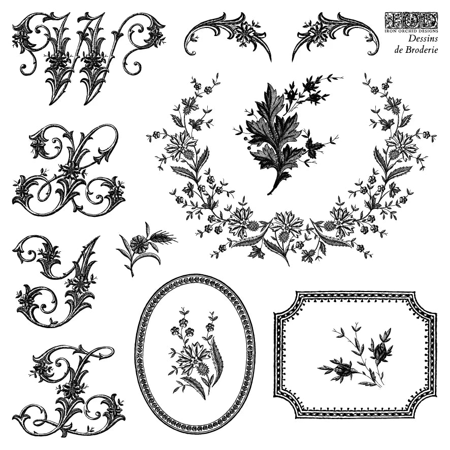 Stamp featuring a collection of black floral and decorative elements on a white background