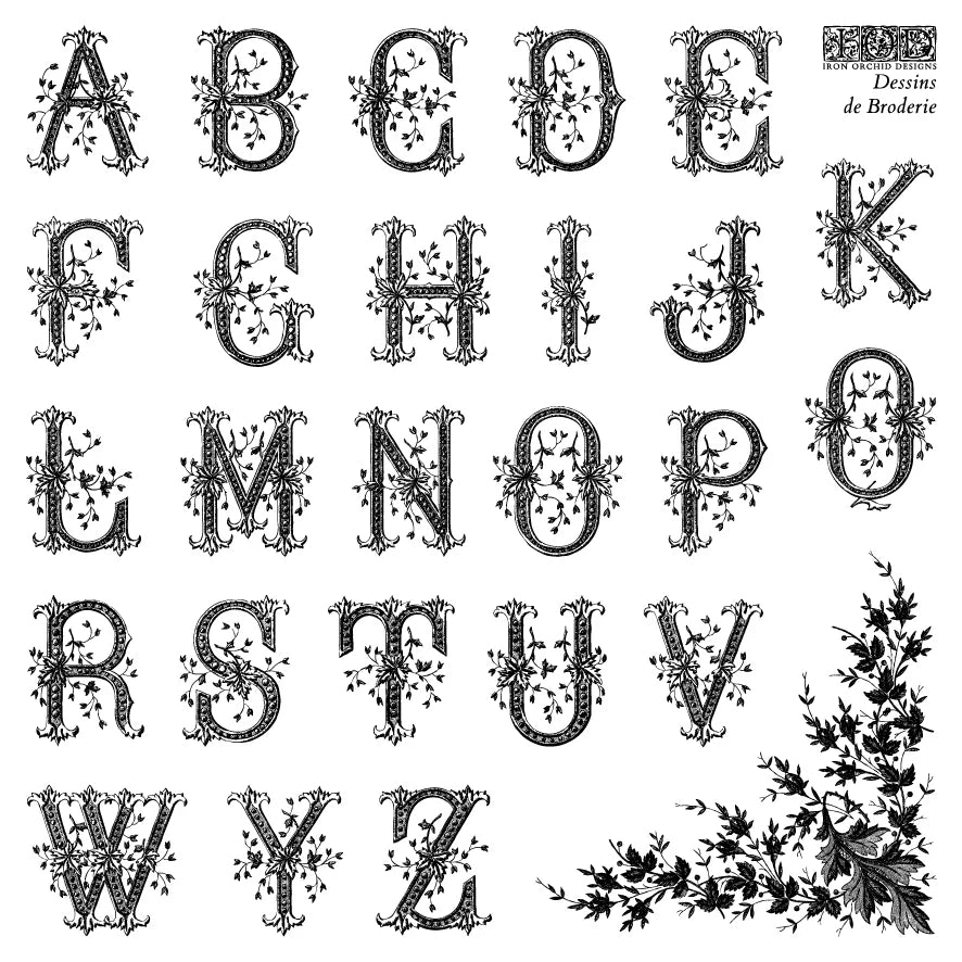 6" x 6" stamp featuring a decorative alphabet letters from A to Z with intricate designs on a white background.