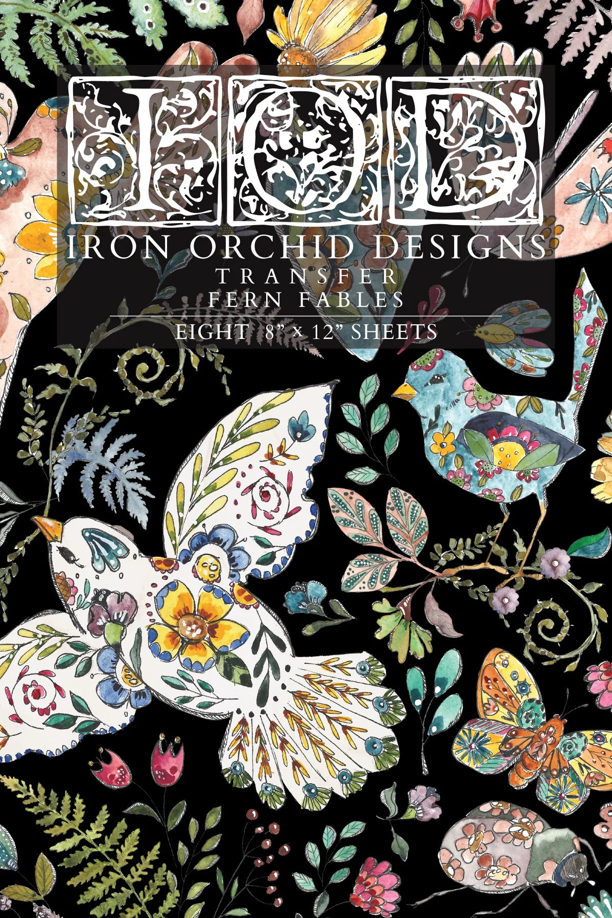 Cover of Iron Orchid Designs transfer with floral and butterfly designs on a black background