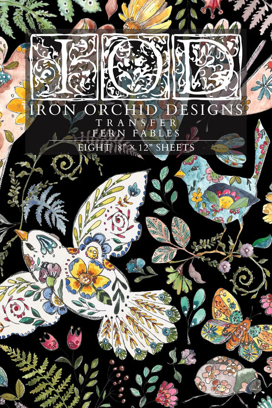 Cover of Iron Orchid Designs transfer with floral and butterfly designs on a black background