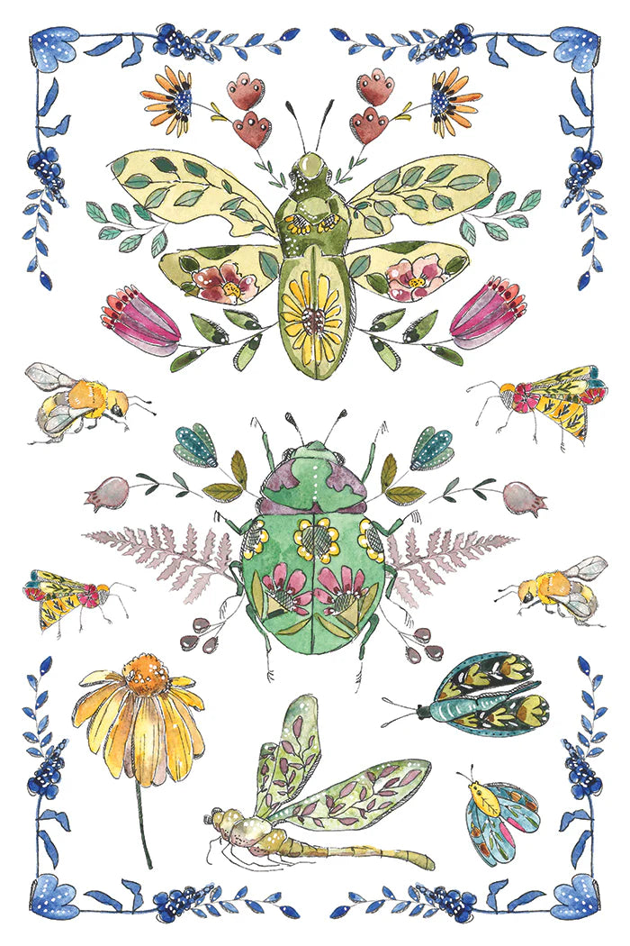 A transfer sheet with colorful illustration of insects and flowers on a white background