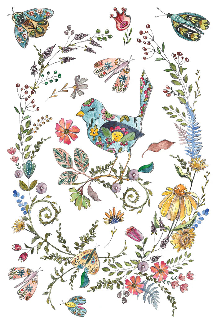 Transfer sheet with a colorful illustration of a bird surrounded by flowers and butterflies on a white background