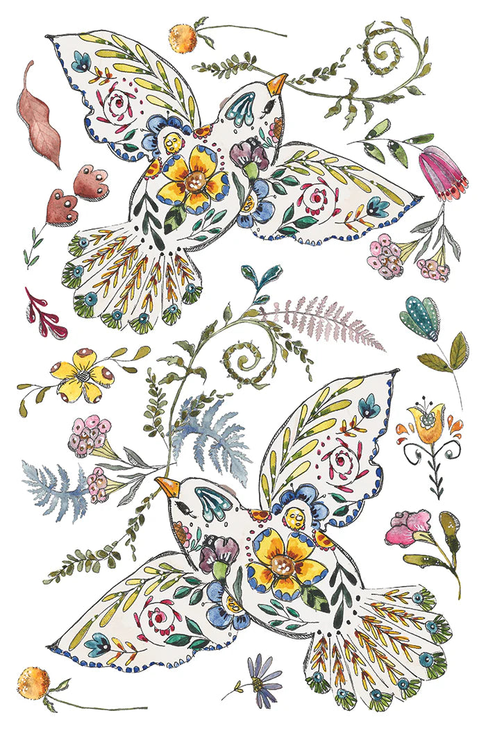 Colorful floral and bird design transfer sheet with intricate details on a white background