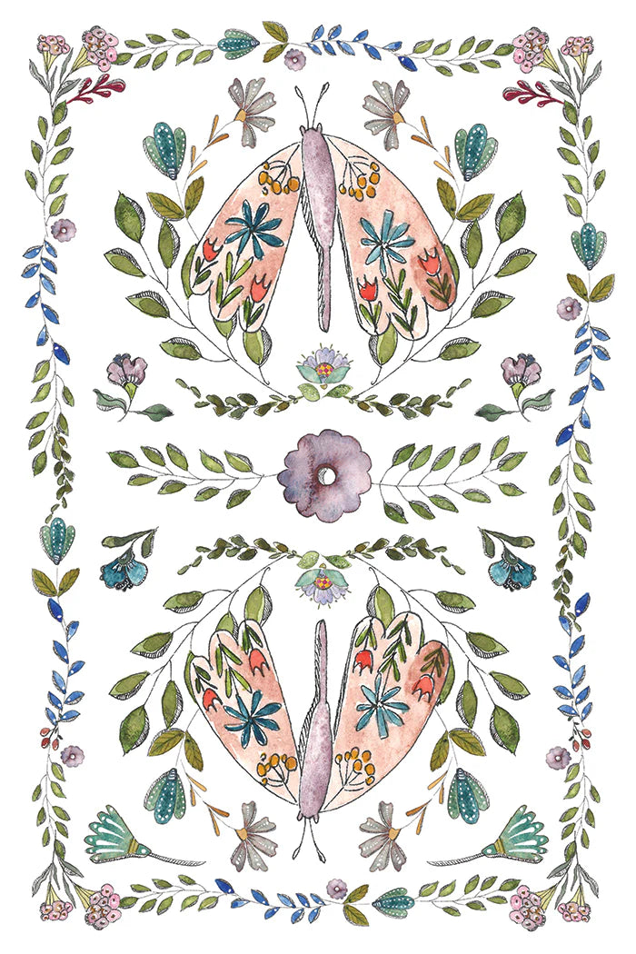 Transfer with a decorative illustration of butterflies and flowers with a floral border.