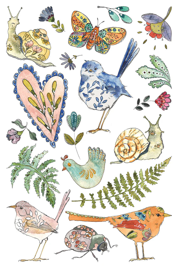 Transfer sheet with illustrations of birds, butterflies, flowers, and plants on a white background