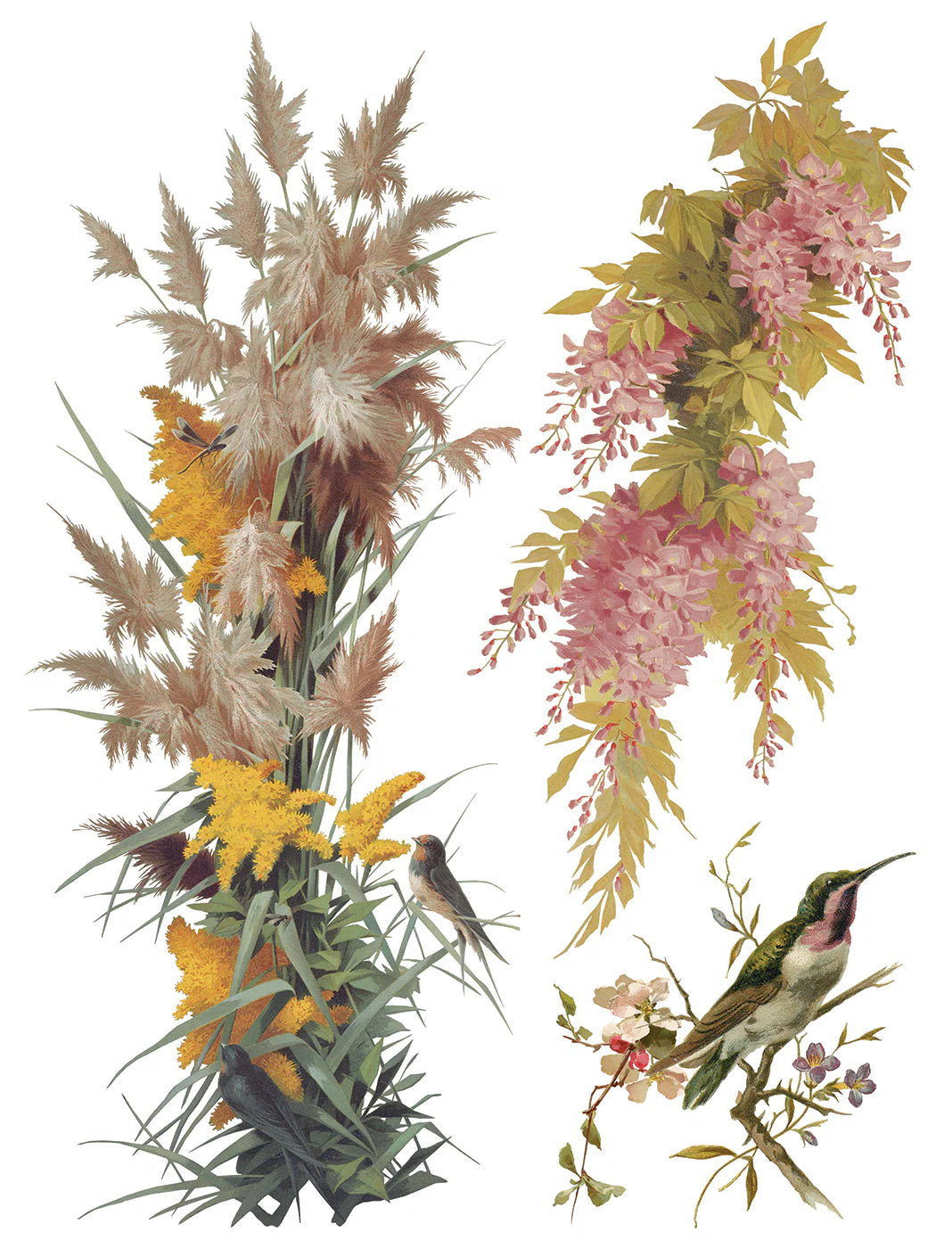 Transfer sheet with various decorative elements likeflowers, birds, and plants on a white background