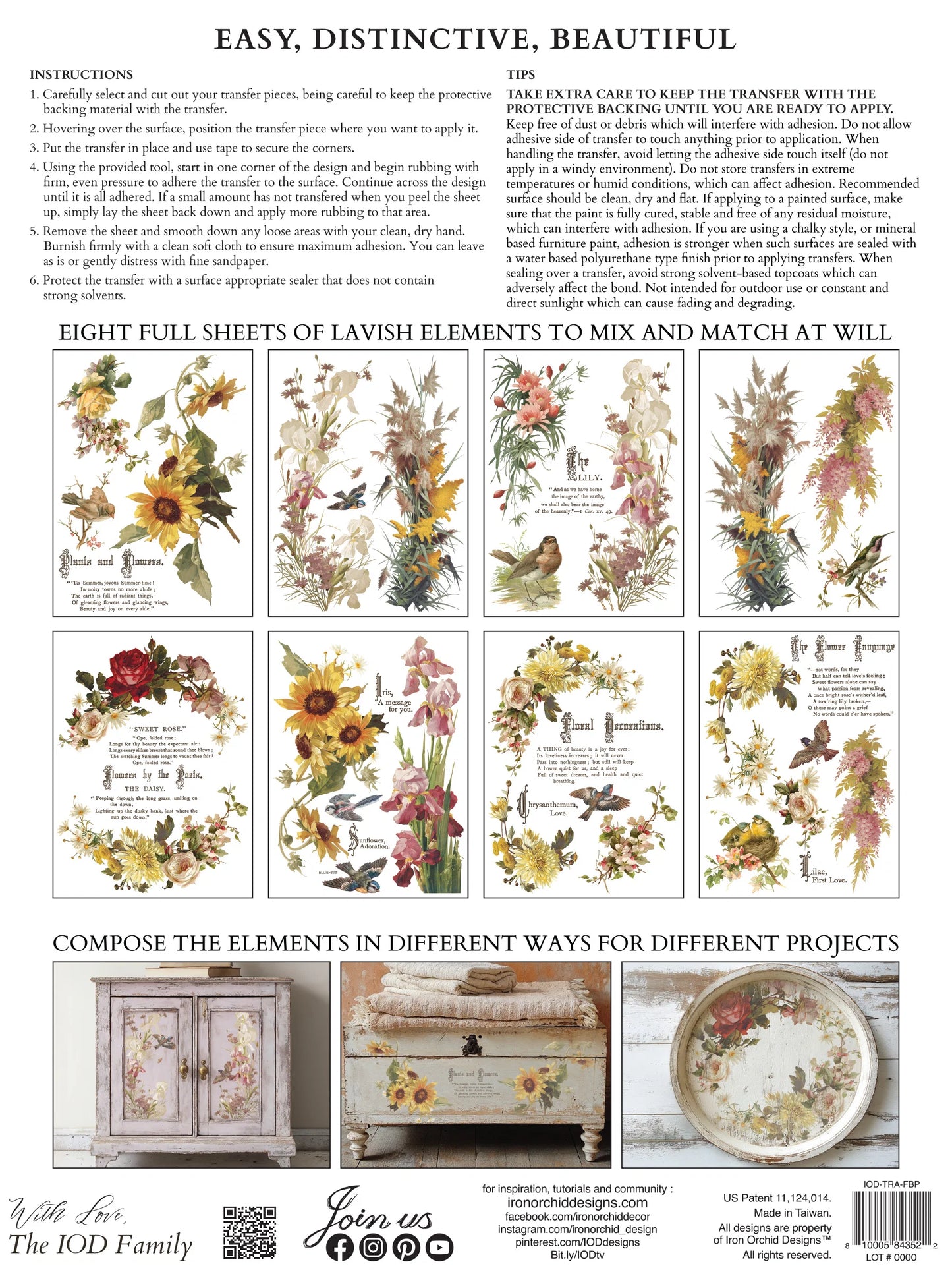 Back cover of transfer sheet with instructions and examples on a white background