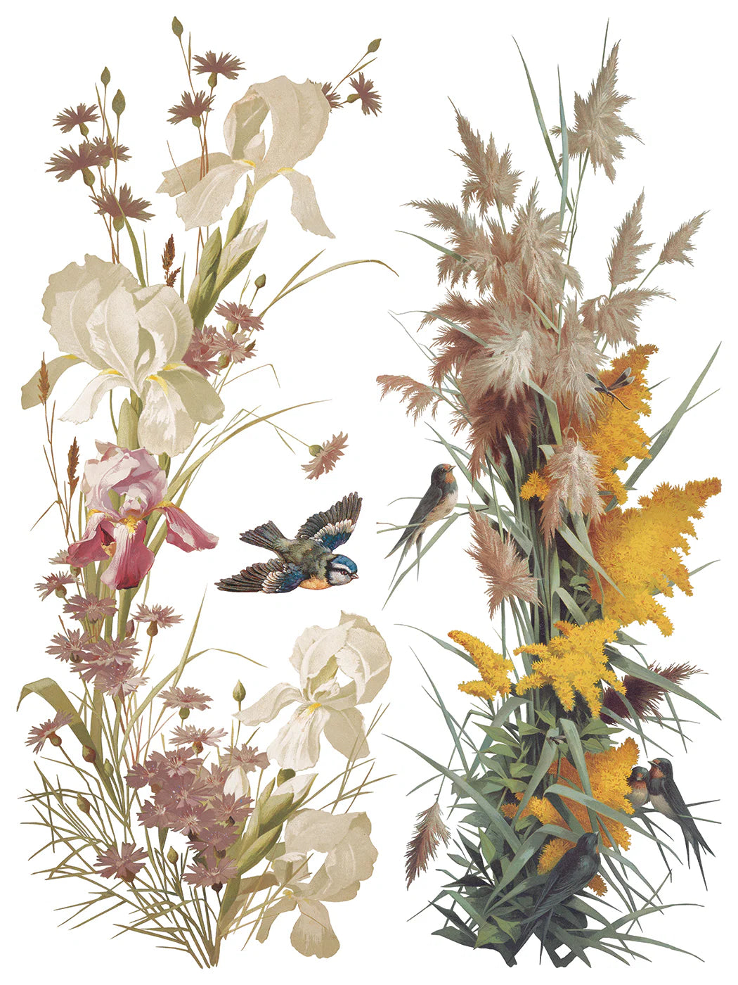 Transfer sheet with illustration of flowers and birds on a white background