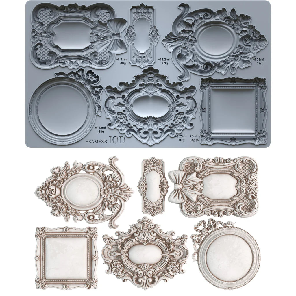 Decorative frame mold with intricate designs on a white background, as well as example castings of frames.