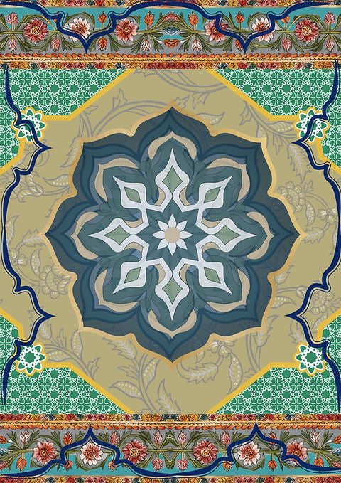 Colorful A3 size decoupage paper with a blue and white mandala surrounded by unique line art and floral patterns in a variety of colors.