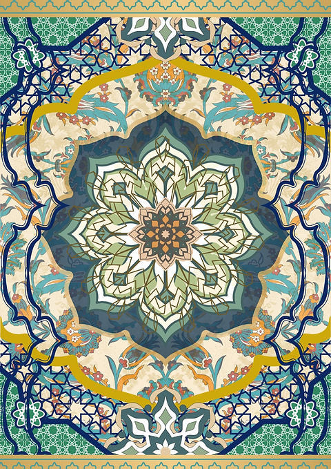 A colorful A3 decoupage paper with a geometric and floral pattern, designed for furniture decoupage.