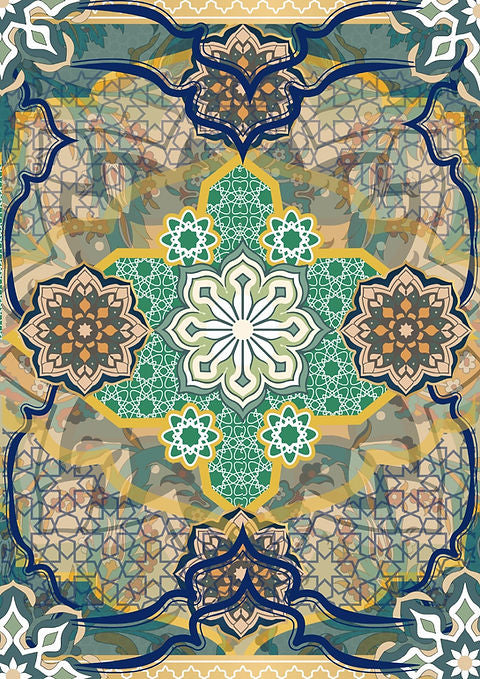 An A3 size sheet of decoupage paper with a mandala surrounded by bohemian patterns in a variety of colors.