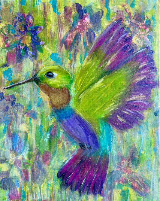 Vibrant acrylic painting of a hummingbird in flight, featuring bright lime green, purple, blue, and brown colors against a textured, painterly background of green and purple foliage.