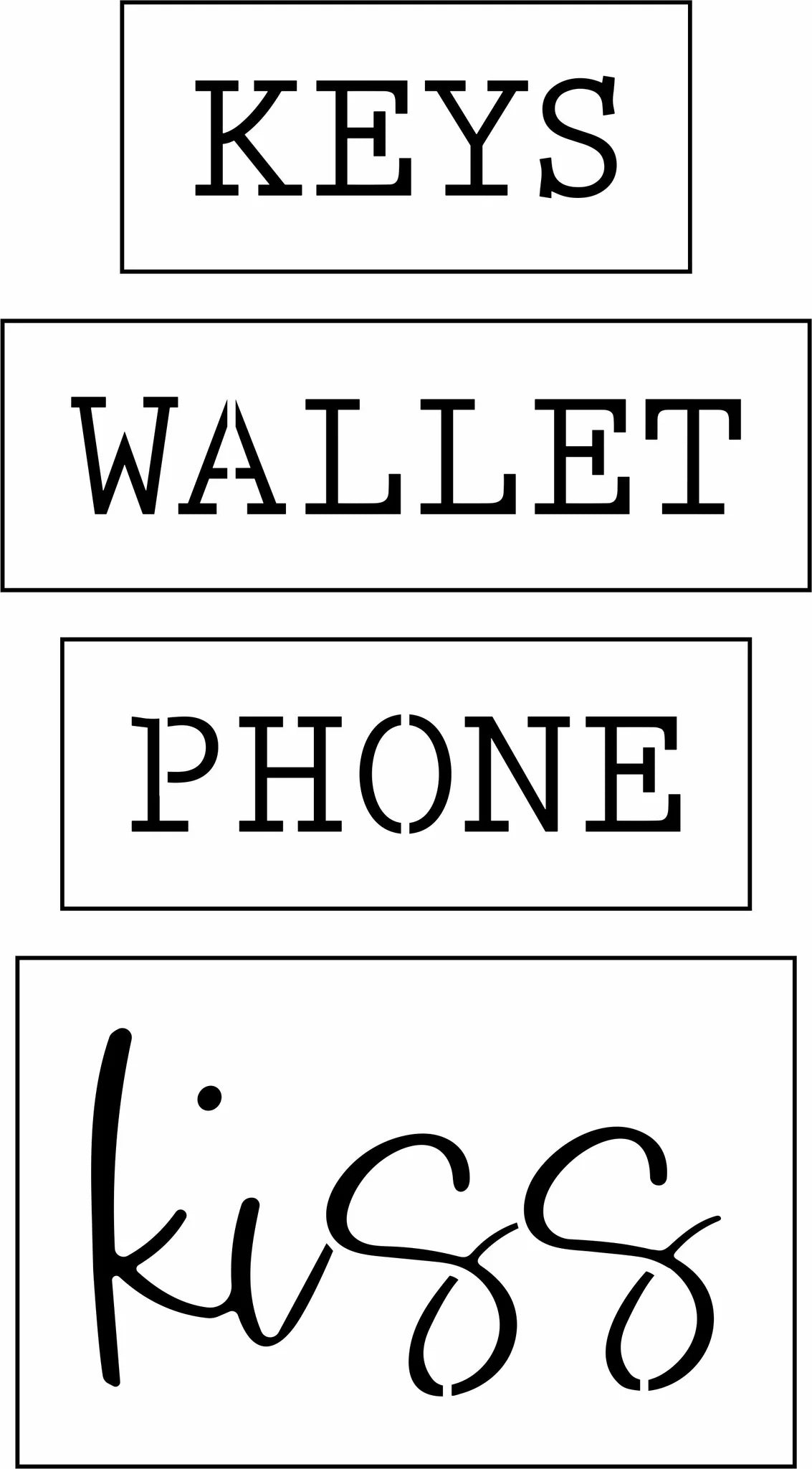 Set of stencils for keys, wallet, phone, and kiss on a white background