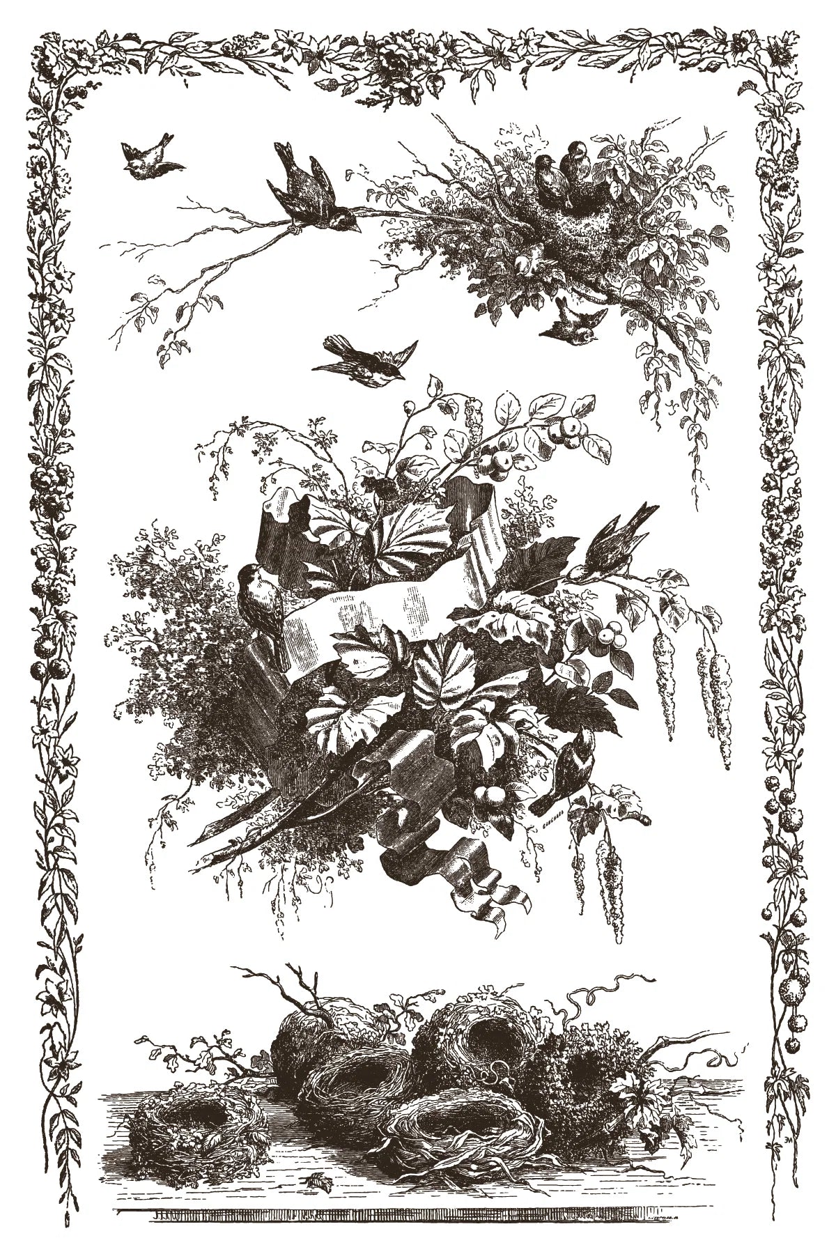 Paint inlay featuring vintage-style illustration of a woman with birds and nests, framed by decorative elements.