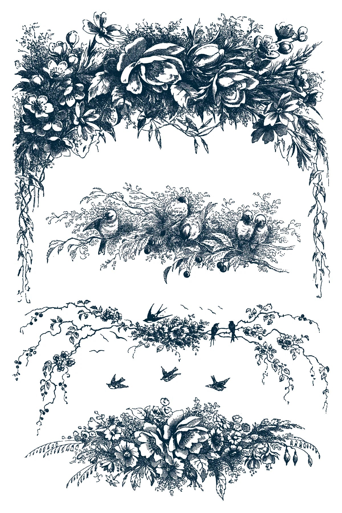 Paint inlay with decorative floral and bird illustrations in blue and white.