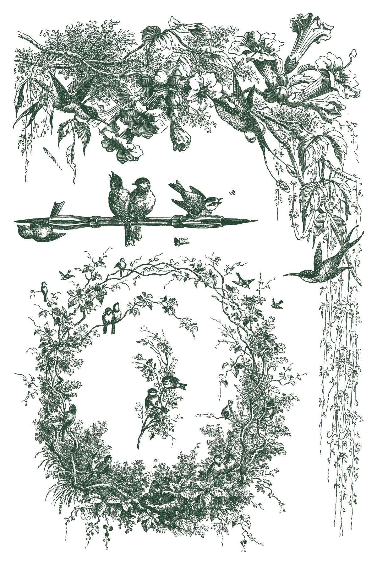Paint Inlay sheet of a decorative illustration of birds and foliage with a central wreath.