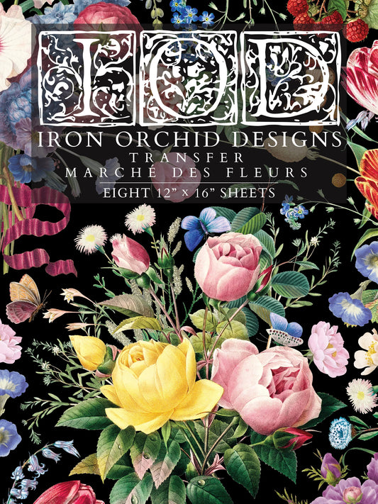 Front cover of Iron Orchid Designs transfer pad with floral design on a black background