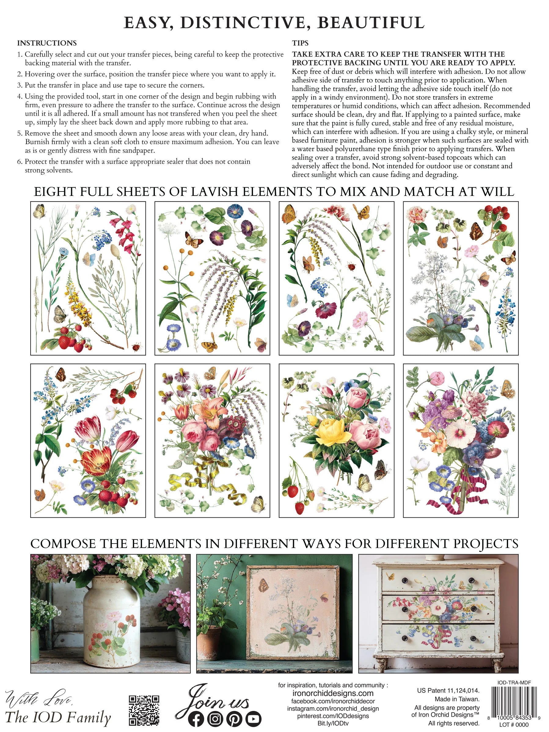 Back cover of Marche de Fleurs transfer pad with instructions, eight preview sheets, and three example projects.