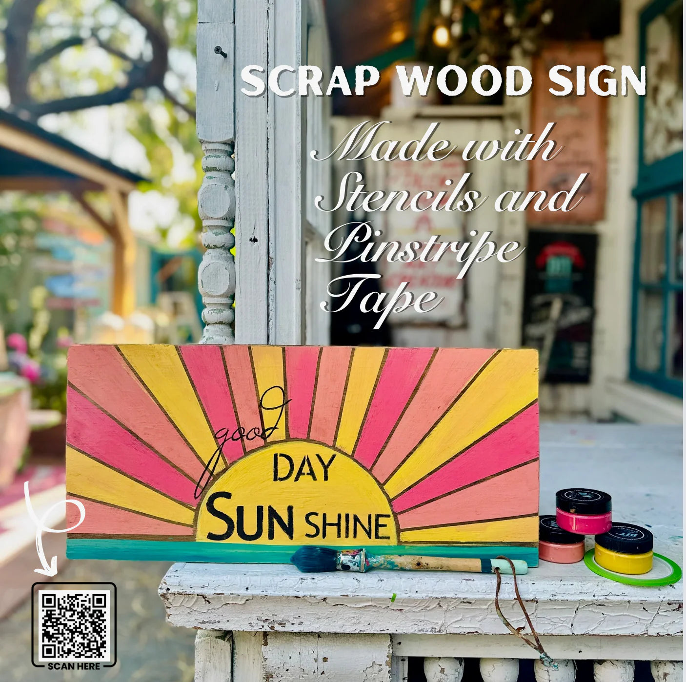 Scrap wood sign with colorful design and text 'Good Day Sunshine' on a wooden surface.