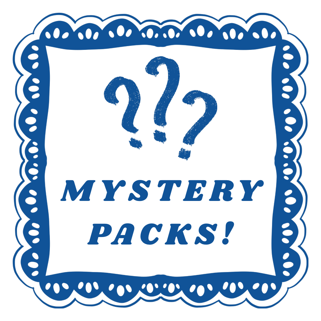 Decorative sign with question marks and 'Mystery Packs!' text on a white background