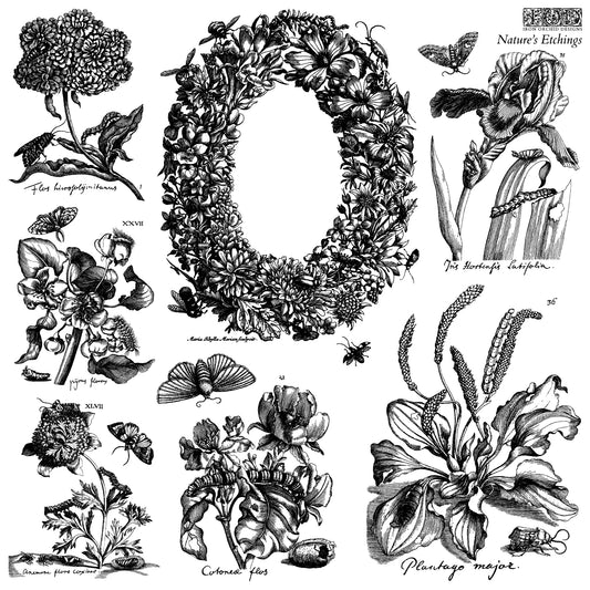 Stamp designs of flowers, plants, and butterflies in black and white on a white background.