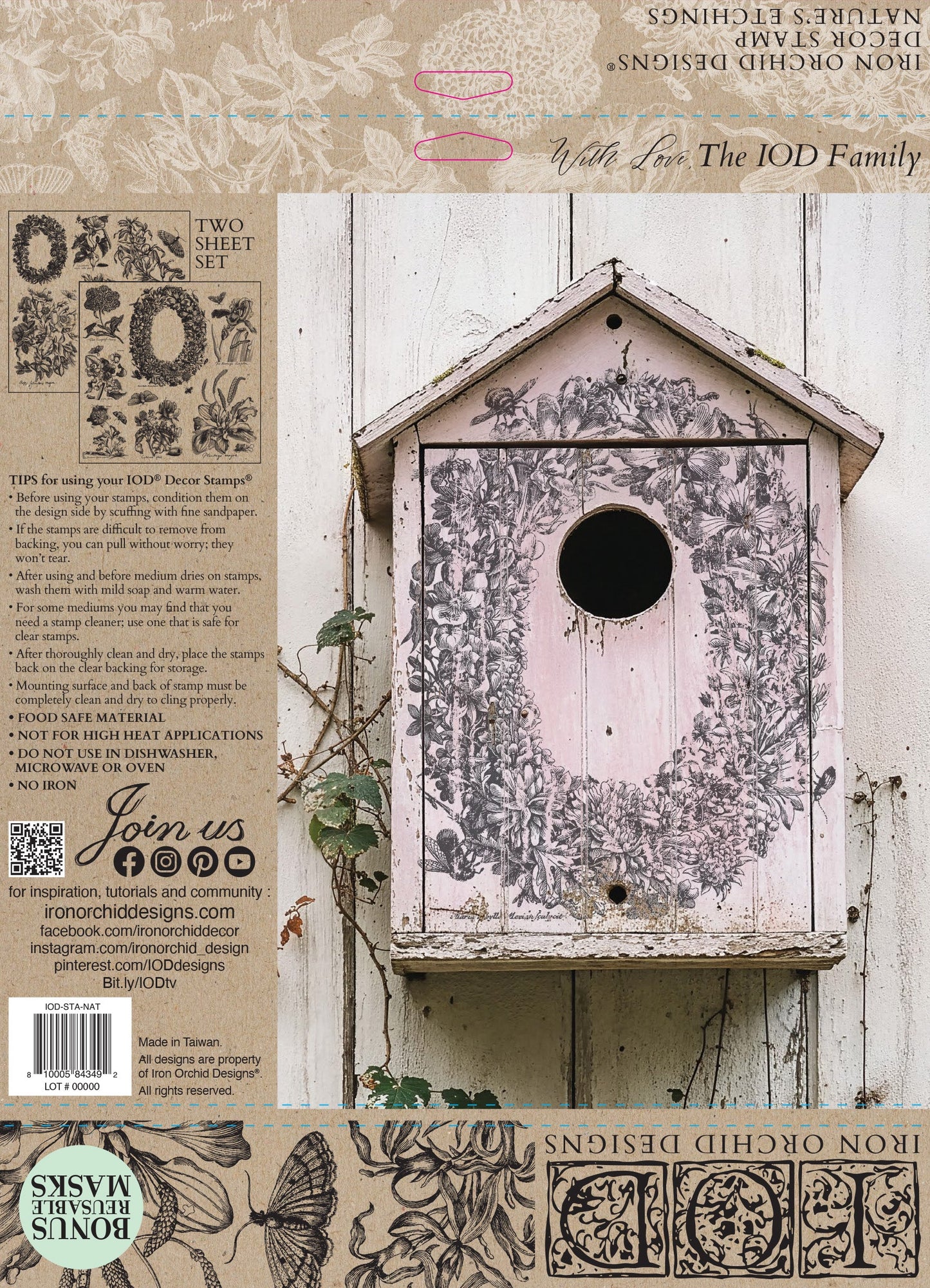 Back cover of IOD stamp, with example decorative birdhouse with floral design on a wooden background, featuring IOD (In Orchards Designs) branding.