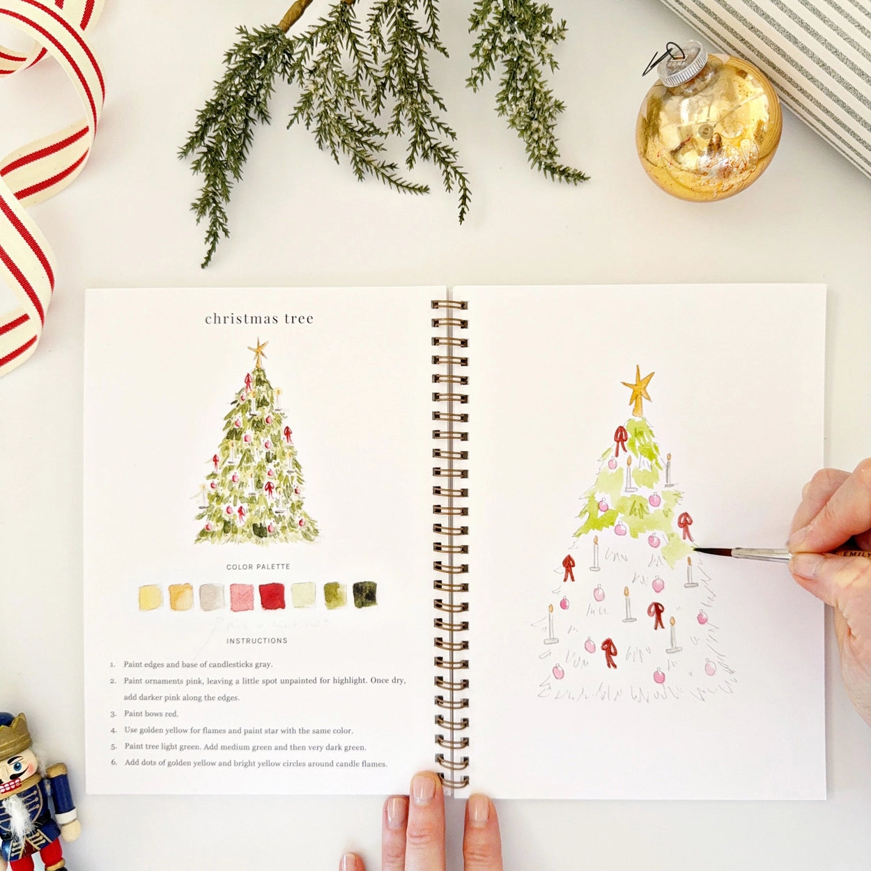 Step-by-step watercolor instructions for painting a Christmas tree, with a human hand actively painting.
